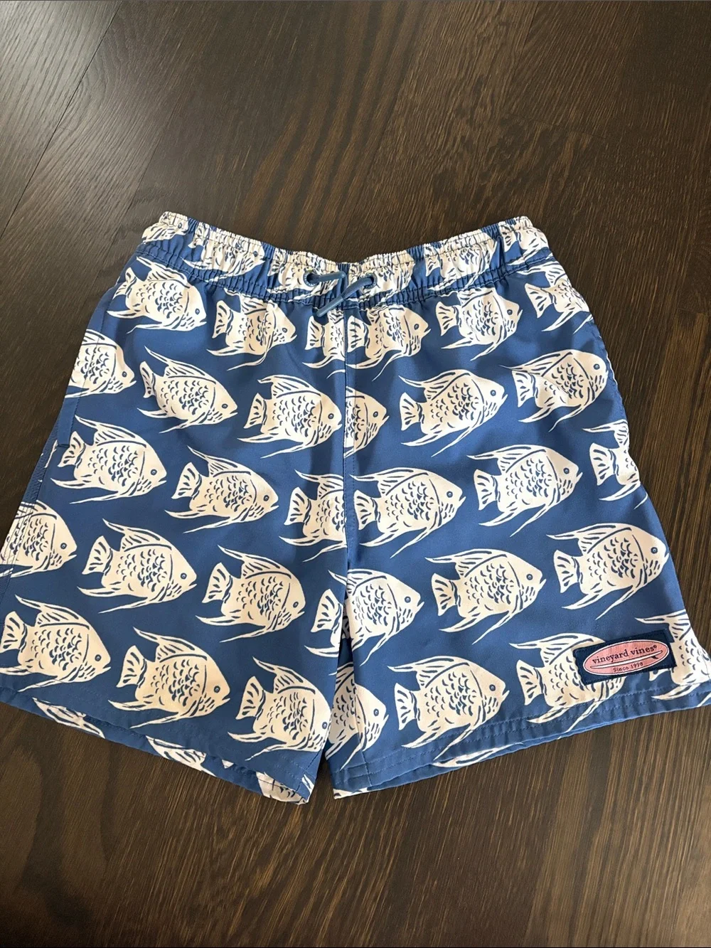 Vineyard Vines Blue Swim Trunks with Cream Fish Pattern